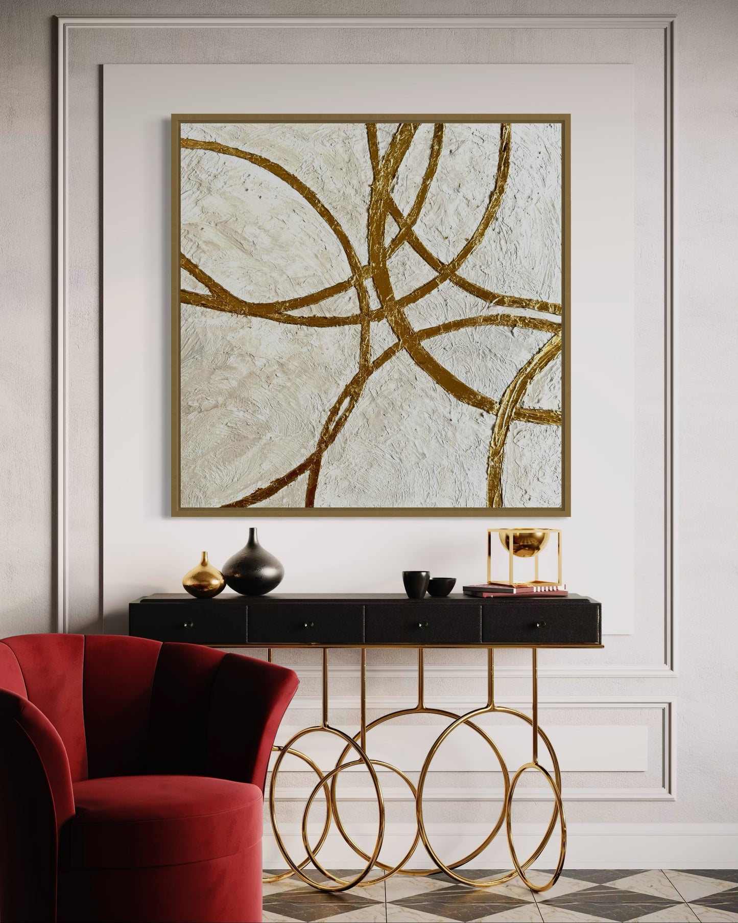 Contemporary minimalist artwork with gold pathways on soft plaster texture