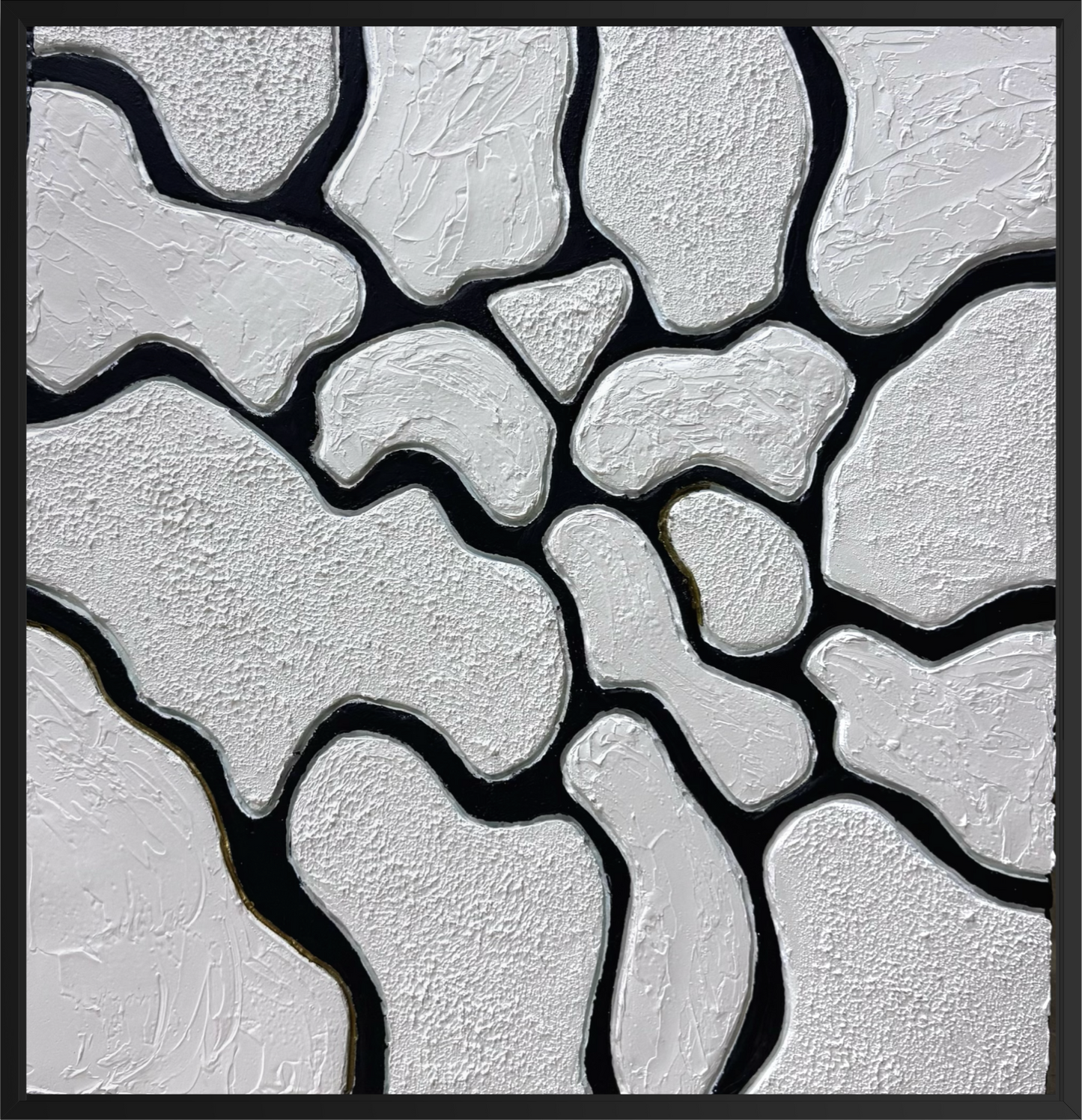 The Spaces Between Us – contemporary black and white textured abstract artwork featuring organic forms separated by bold black lines, symbolizing connection, distance, and the space that holds relationships together.