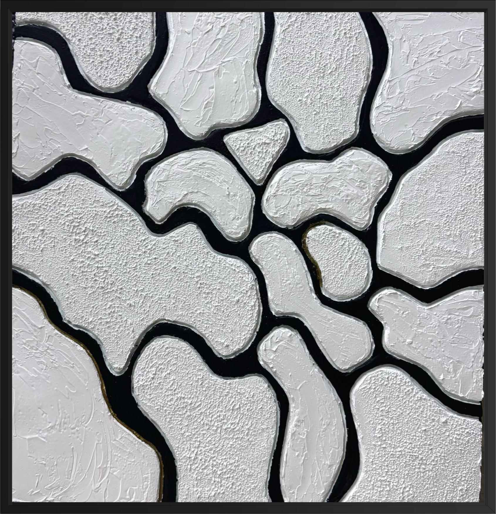 The Spaces Between Us – contemporary black and white textured abstract artwork featuring organic forms separated by bold black lines, symbolizing connection, distance, and the space that holds relationships together.
