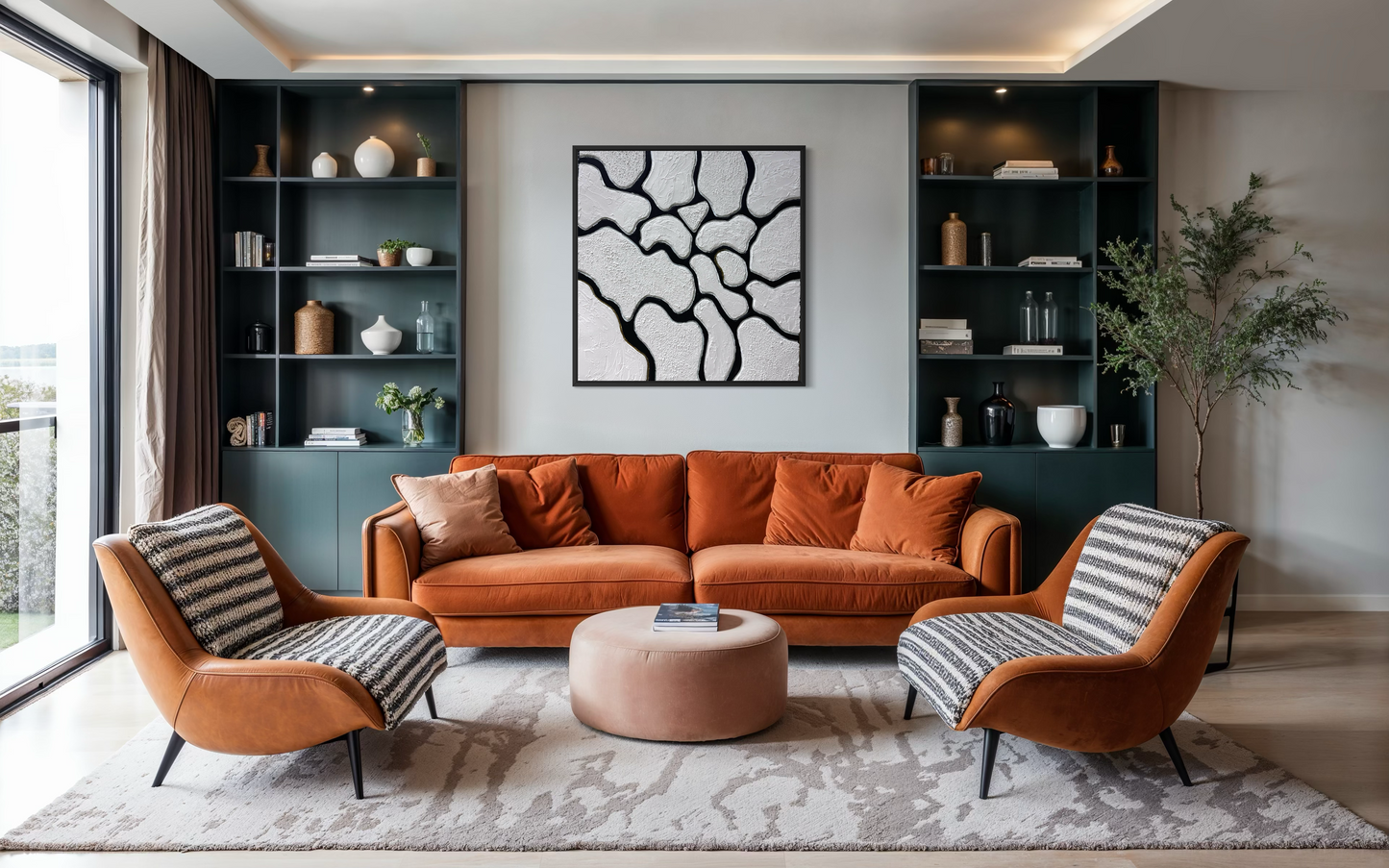 The Spaces Between Us – contemporary black and white textured abstract artwork featuring organic forms separated by bold black lines, symbolizing connection, distance, and the space that holds relationships together.