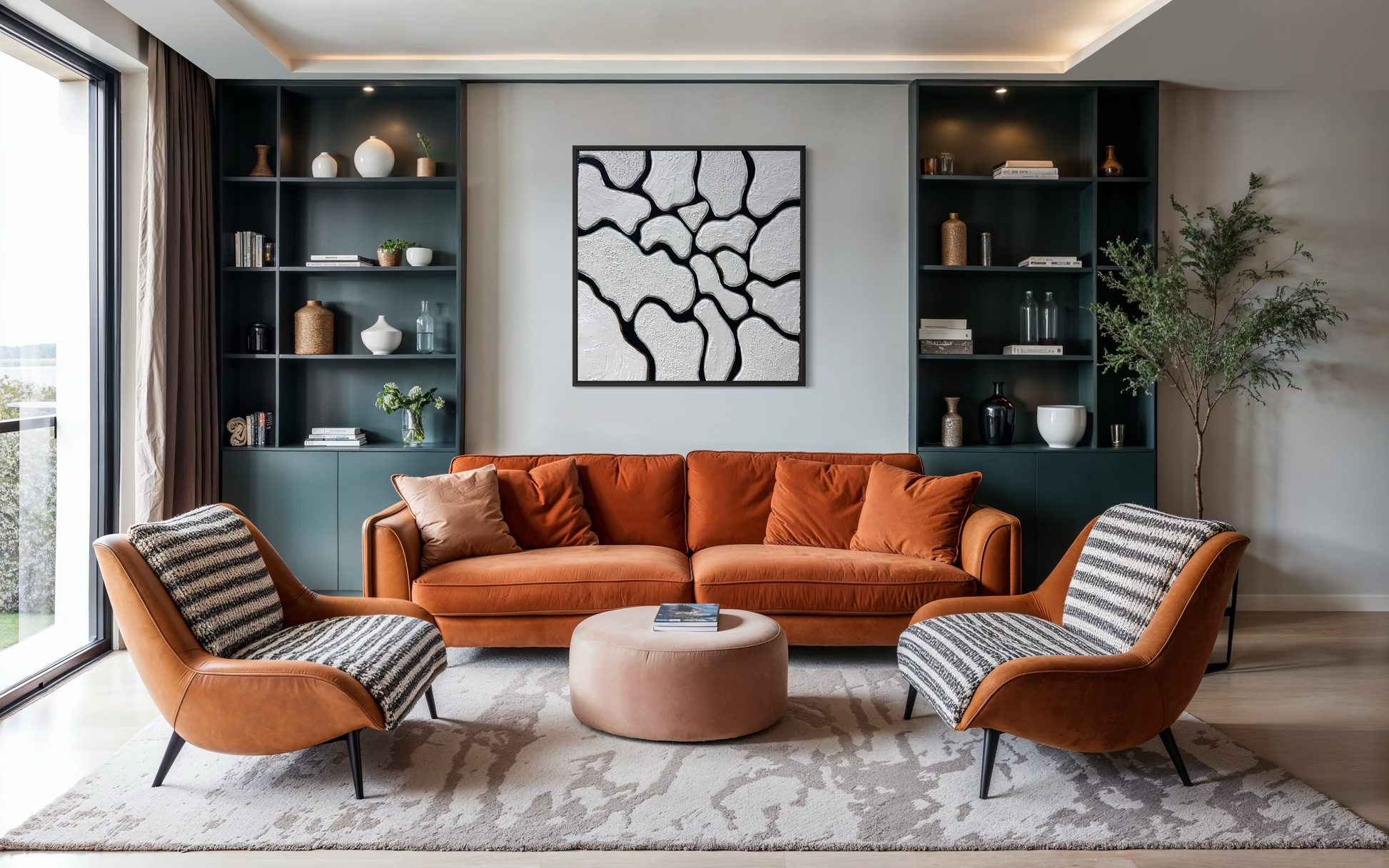 The Spaces Between Us – contemporary black and white textured abstract artwork featuring organic forms separated by bold black lines, symbolizing connection, distance, and the space that holds relationships together.
