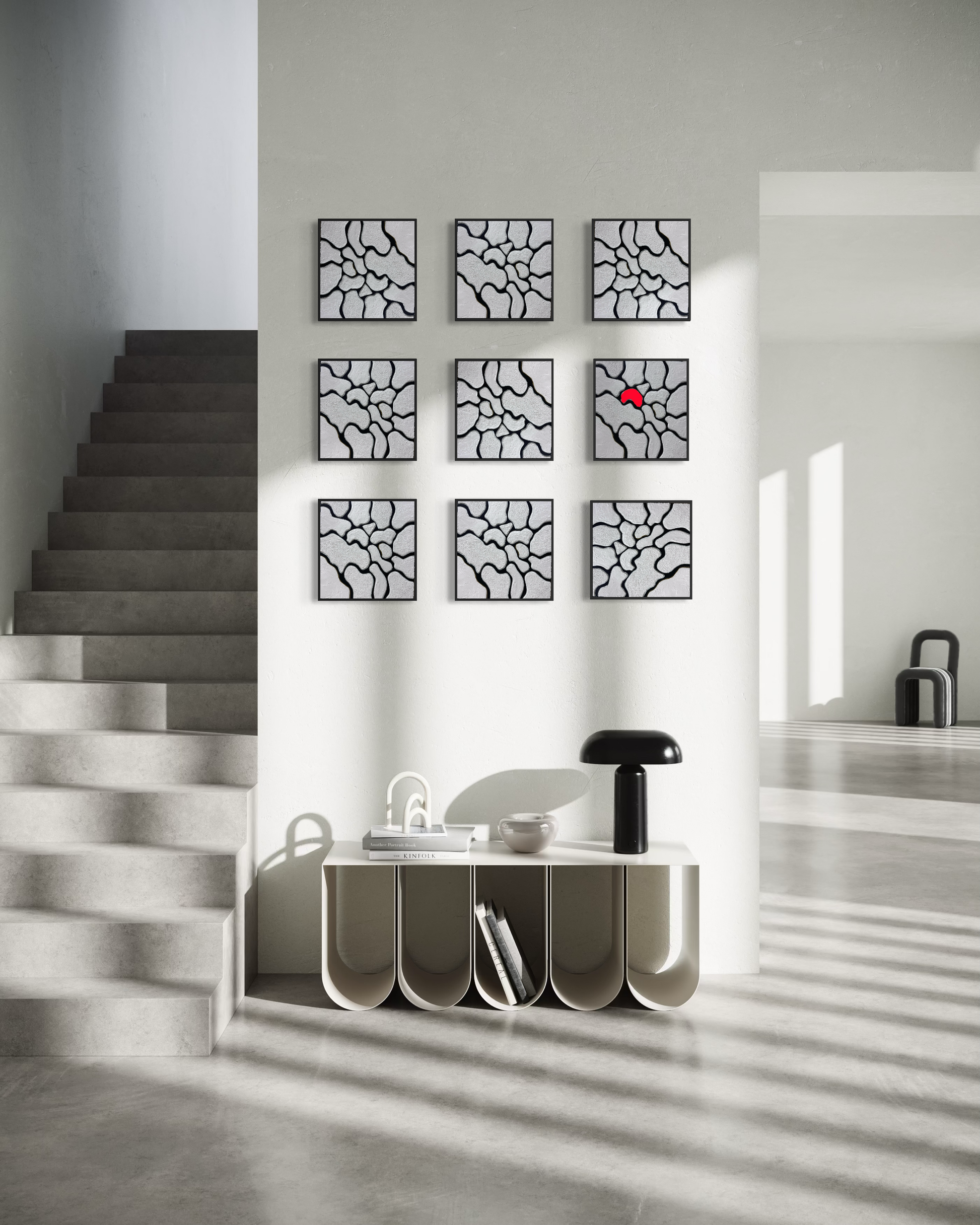 The Spaces Between Us – contemporary black and white textured abstract artwork featuring organic forms separated by bold black lines, symbolizing connection, distance, and the space that holds relationships together.