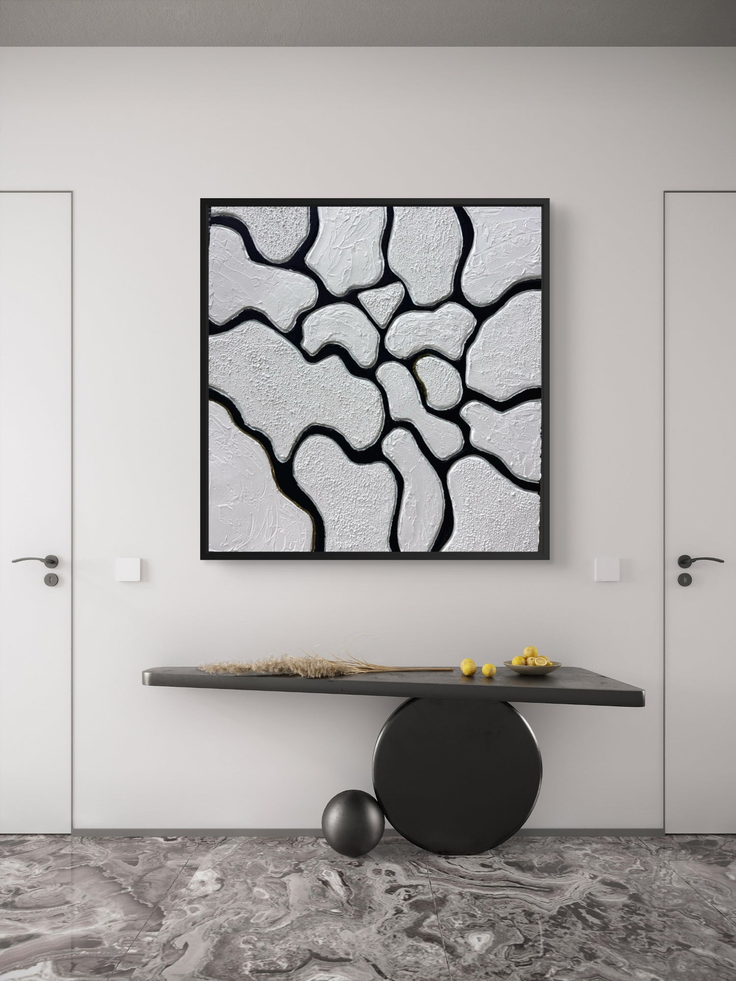 The Spaces Between Us – contemporary black and white textured abstract artwork featuring organic forms separated by bold black lines, symbolizing connection, distance, and the space that holds relationships together.