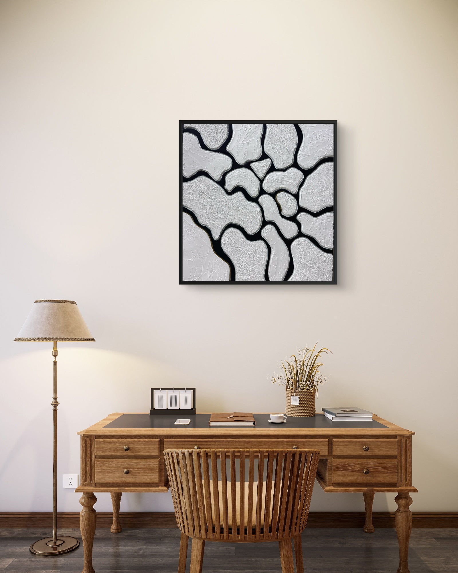 The Spaces Between Us – contemporary black and white textured abstract artwork featuring organic forms separated by bold black lines, symbolizing connection, distance, and the space that holds relationships together.