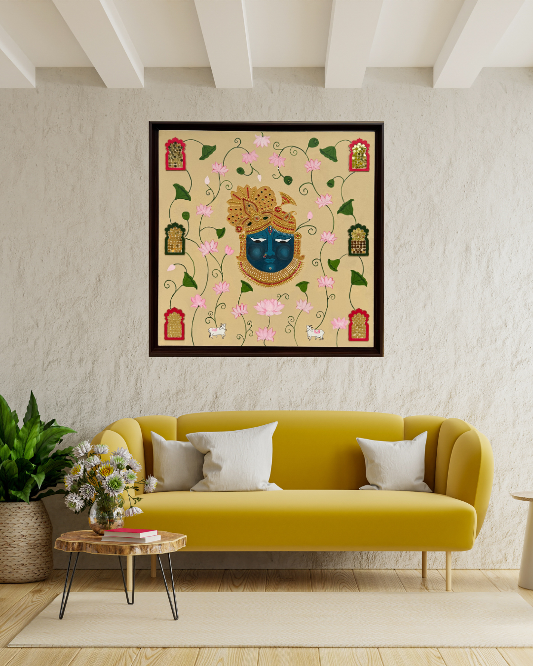 Hand-painted artwork of Lord Krishna’s face in blue with golden embellishments, surrounded by blooming pink lotus flowers, sacred cows, and decorative jaali window designs on a beige background.
