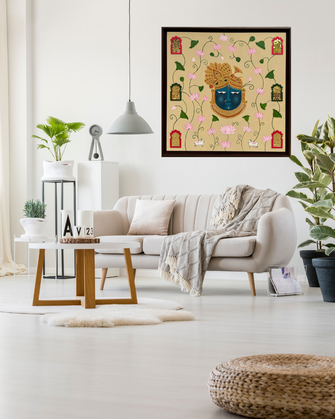 Hand-painted artwork of Lord Krishna’s face in blue with golden embellishments, surrounded by blooming pink lotus flowers, sacred cows, and decorative jaali window designs on a beige background.