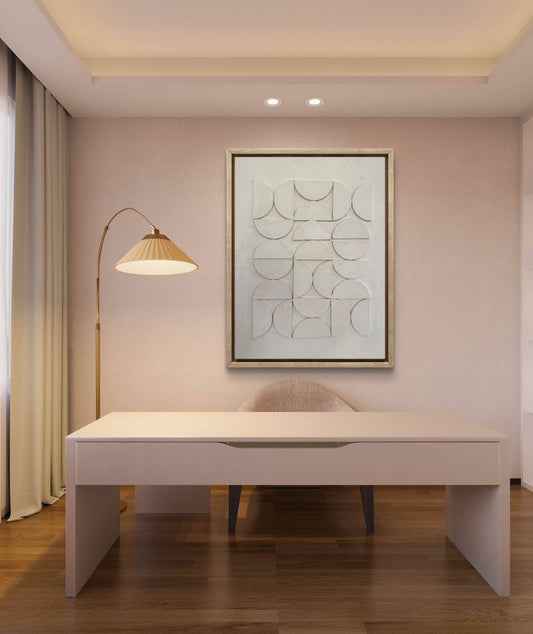 Minimal textured abstract wall art with soft curved forms in neutral beige tones creating a calm, balanced composition