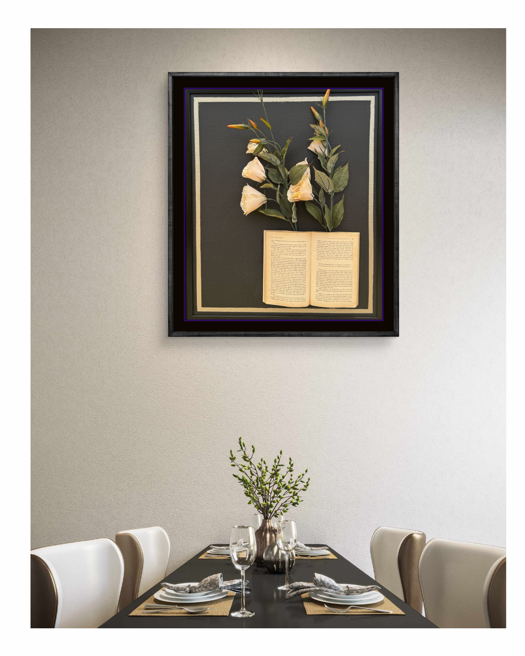 3D wall frame combining old book pages and delicate paper blooms, ideal for literary decor.