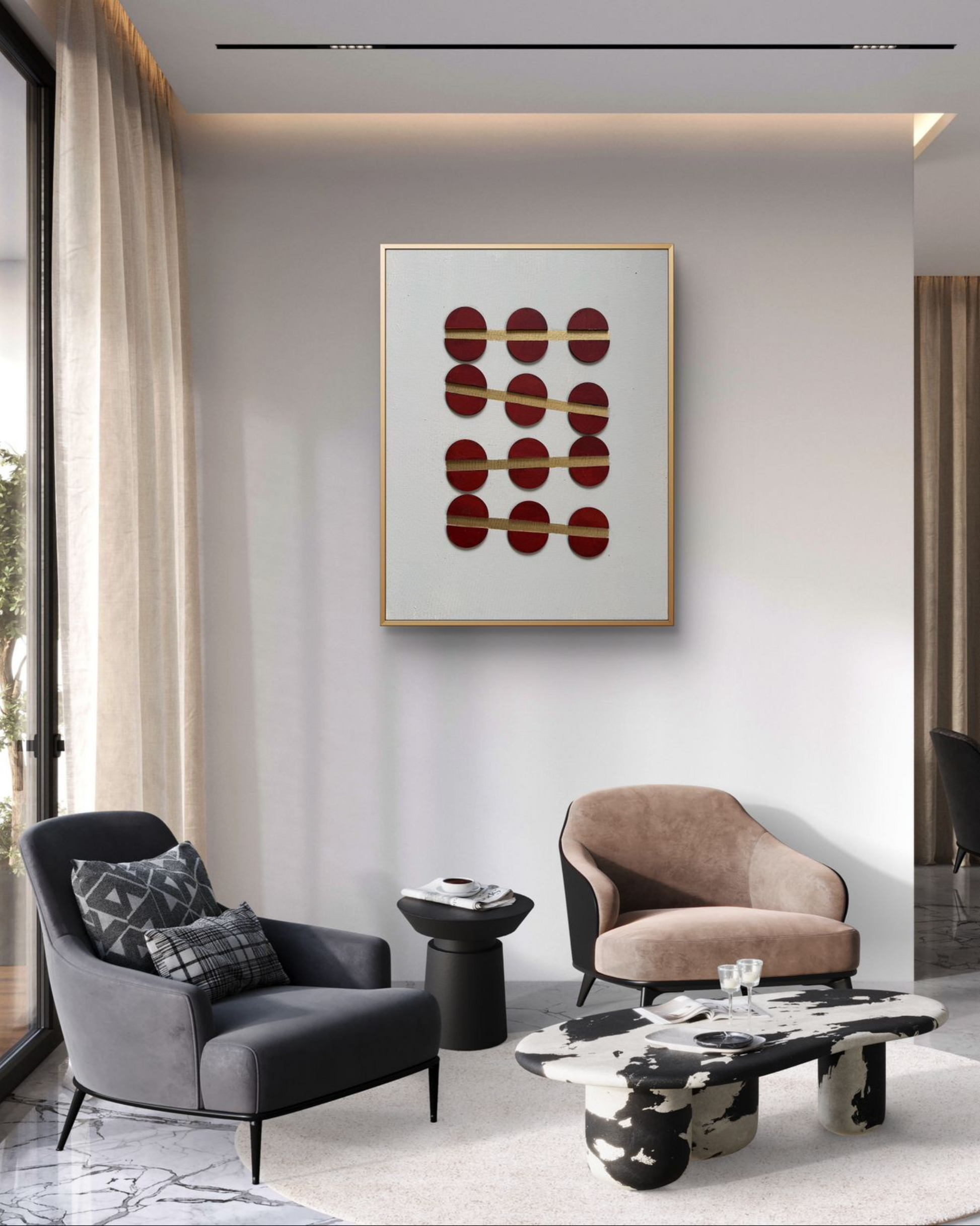 Minimal abstract artwork featuring bold crimson oval shapes bound by thin golden lines on a soft white textured background, symbolizing resilience and emotional balance.