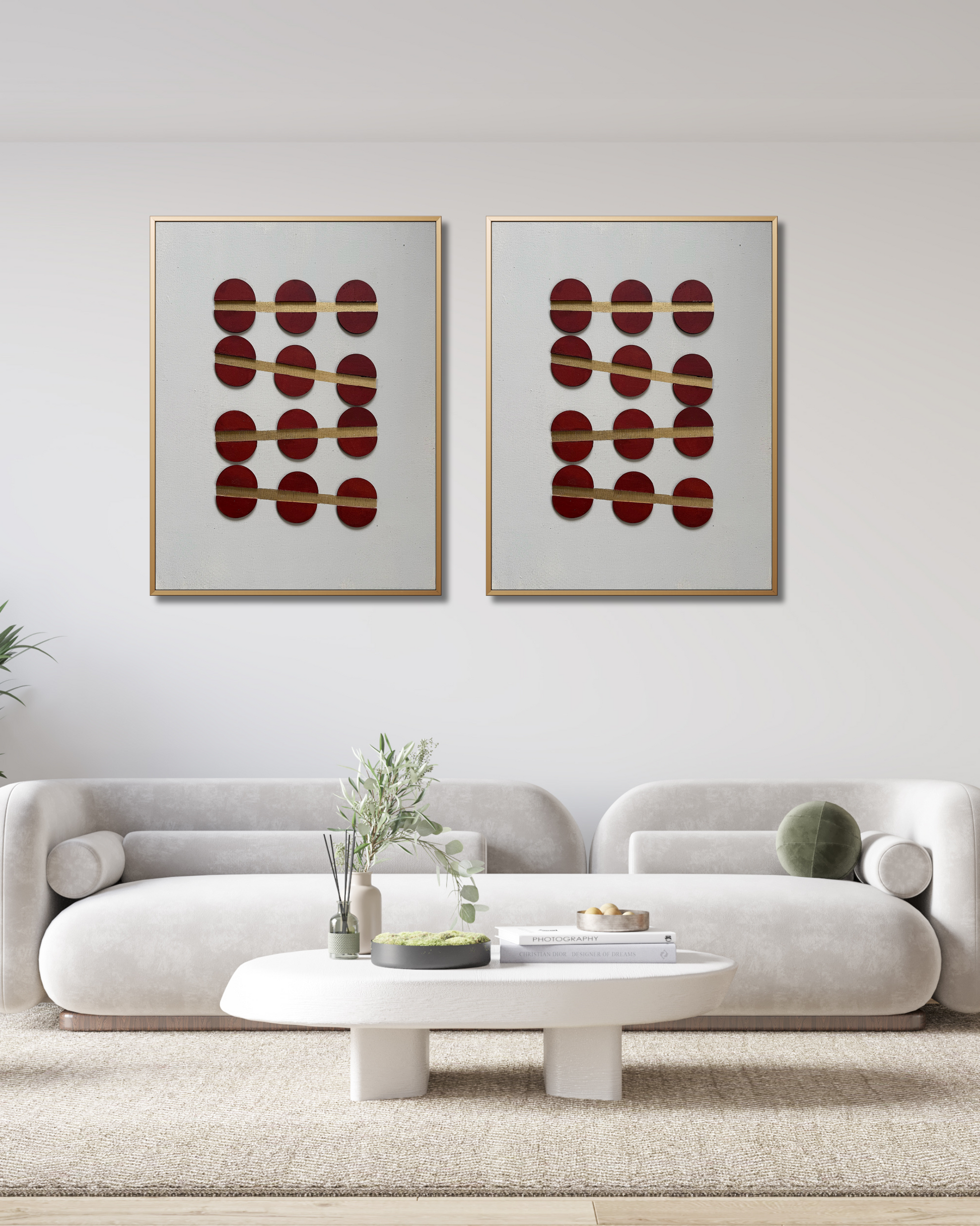 Contemporary wall art from Artscape by Riddhi Mehta blending bold crimson shapes and gold lines with neutral texture, inspired by life’s emotional ebb and flow.