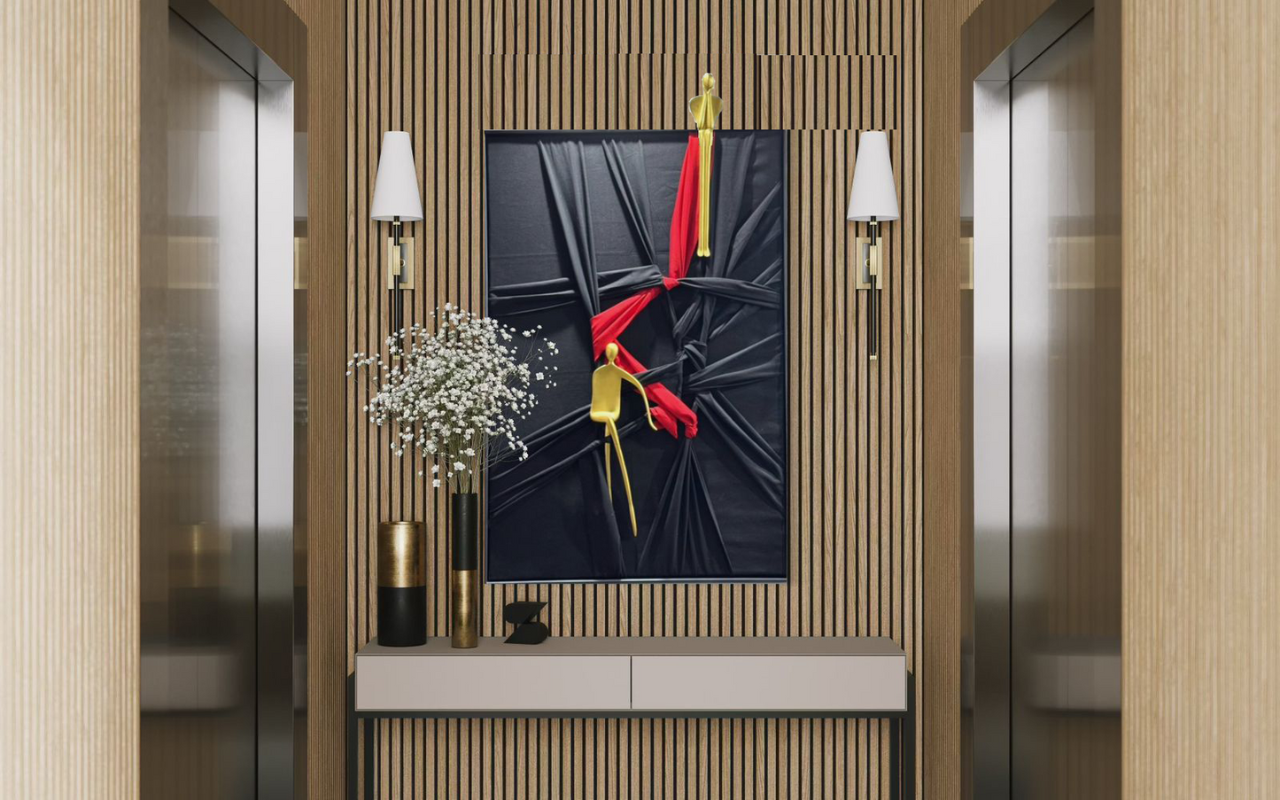 Romantic abstract wall art symbolising emotional bonds and understanding between two people through a red thread.