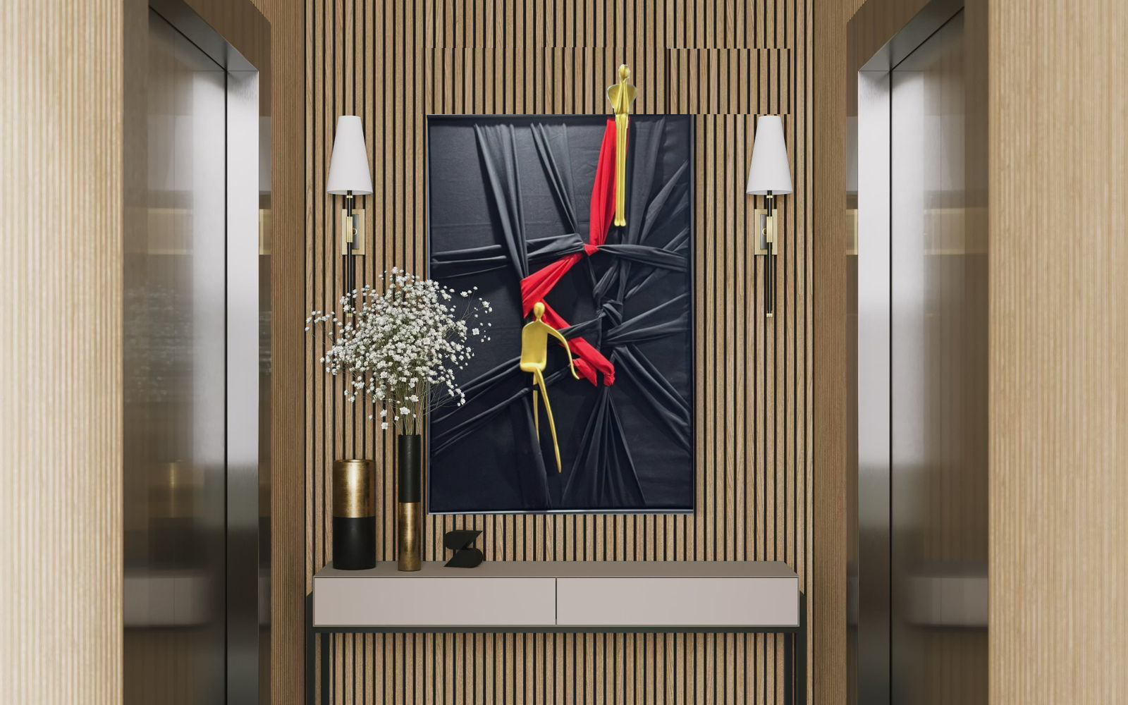 Romantic abstract wall art symbolising emotional bonds and understanding between two people through a red thread.