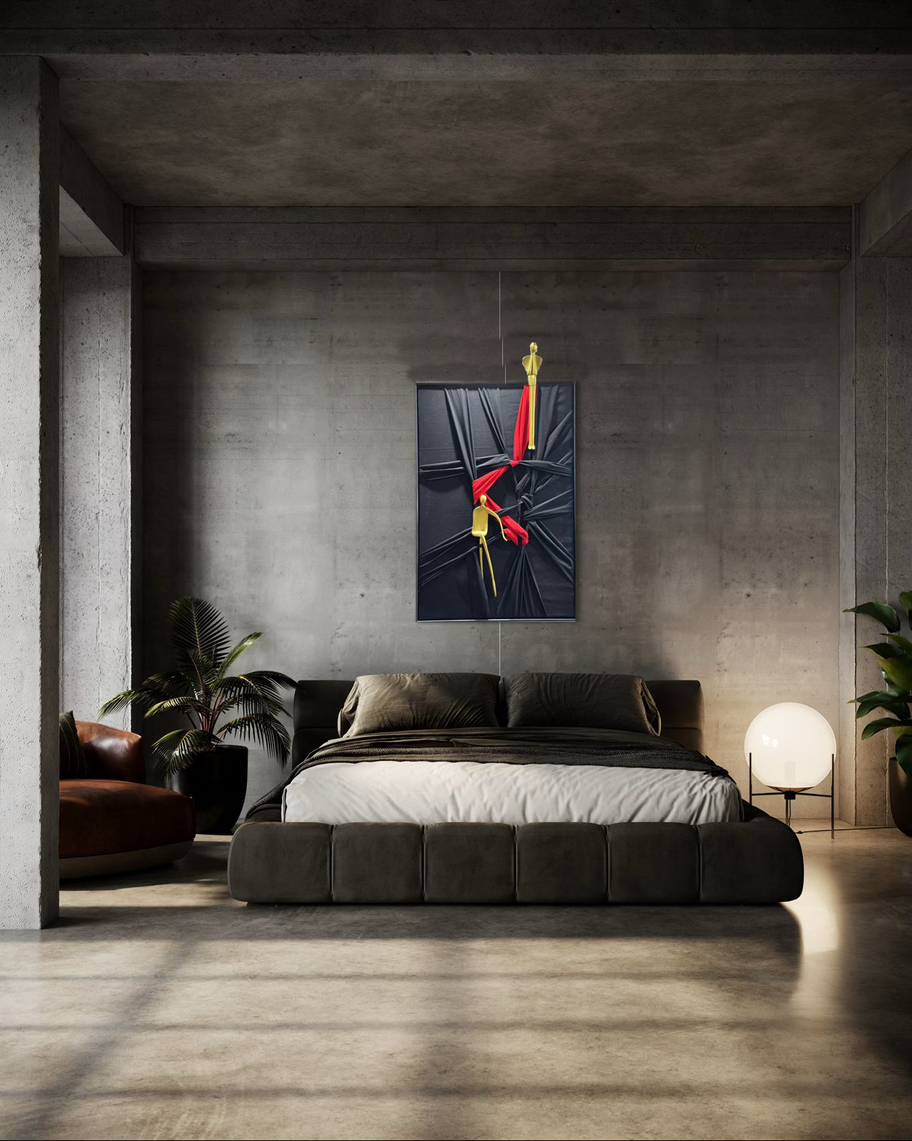 Minimalist love-themed wall art depicting two figures held together by a red cloth, expressing connection without control.