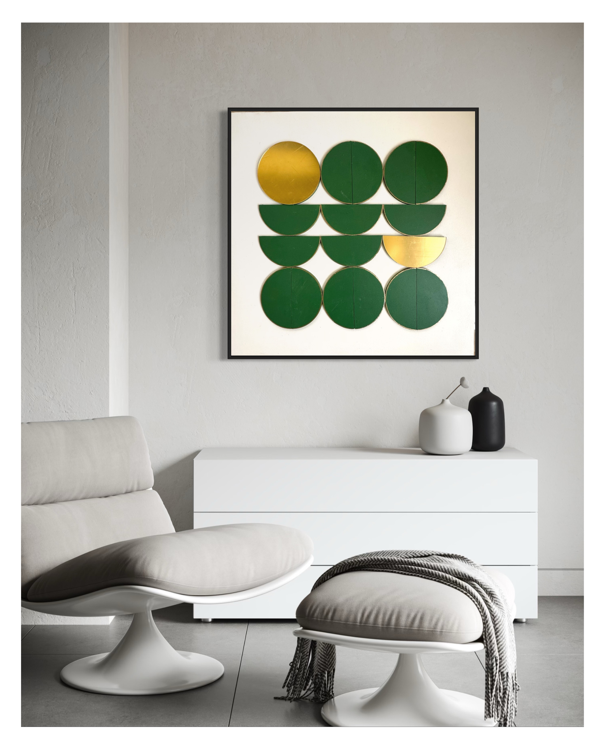 Modern geometric wall art featuring emerald green and gold circles displayed in a contemporary living room interior