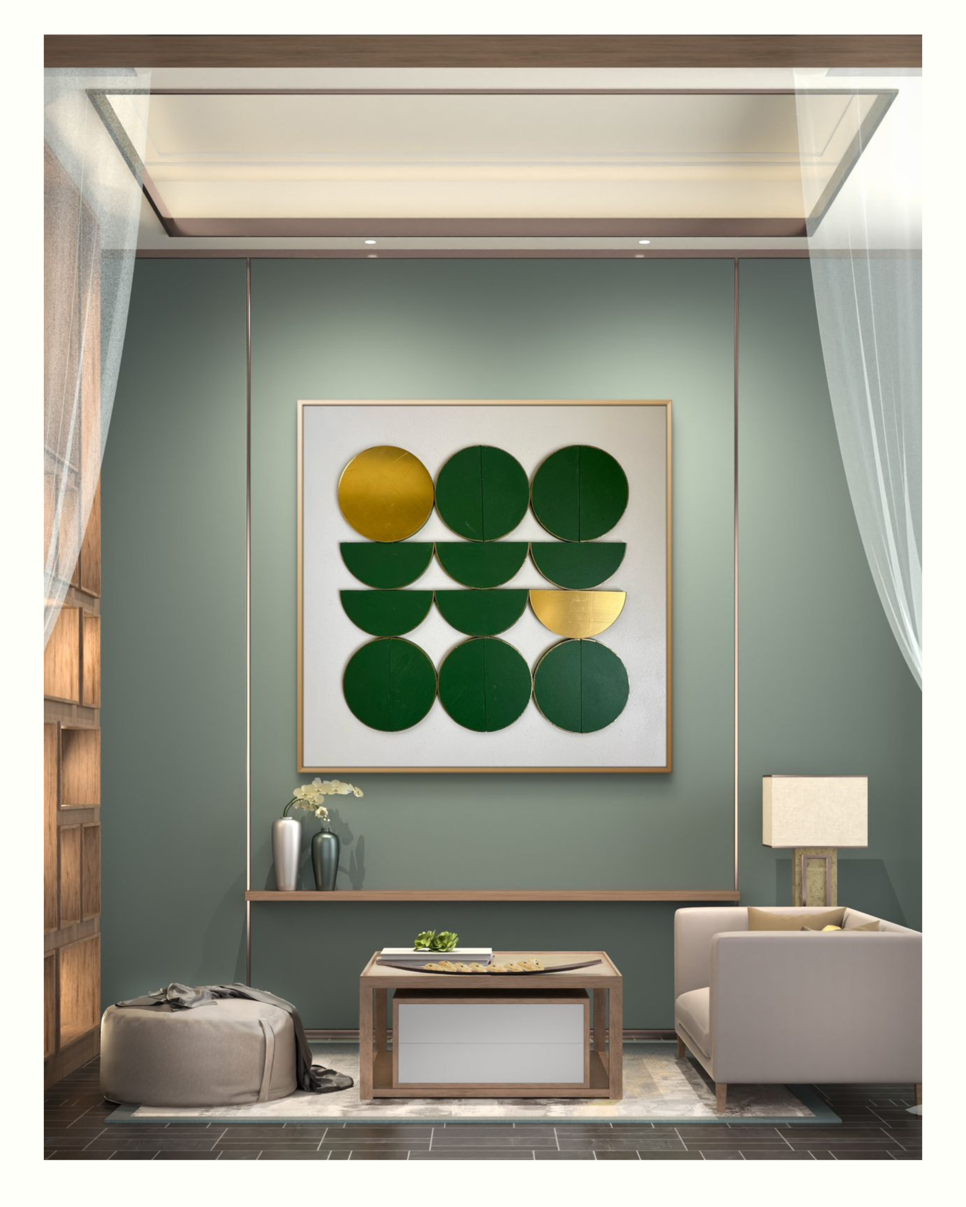 Modern geometric wall art featuring emerald green and gold circles displayed in a contemporary living room interior