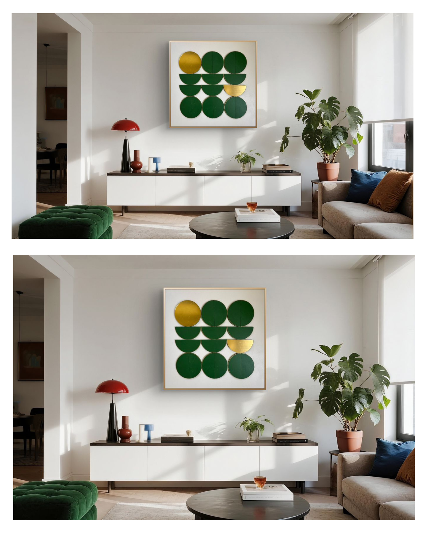 Contemporary green and gold abstract artwork with circular geometry styled in a modern home setting
