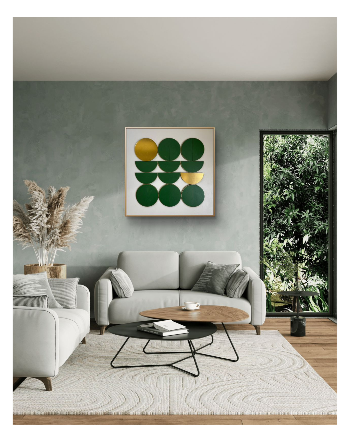 Minimal geometric wall art in emerald green and gold enhancing a curated residential interior