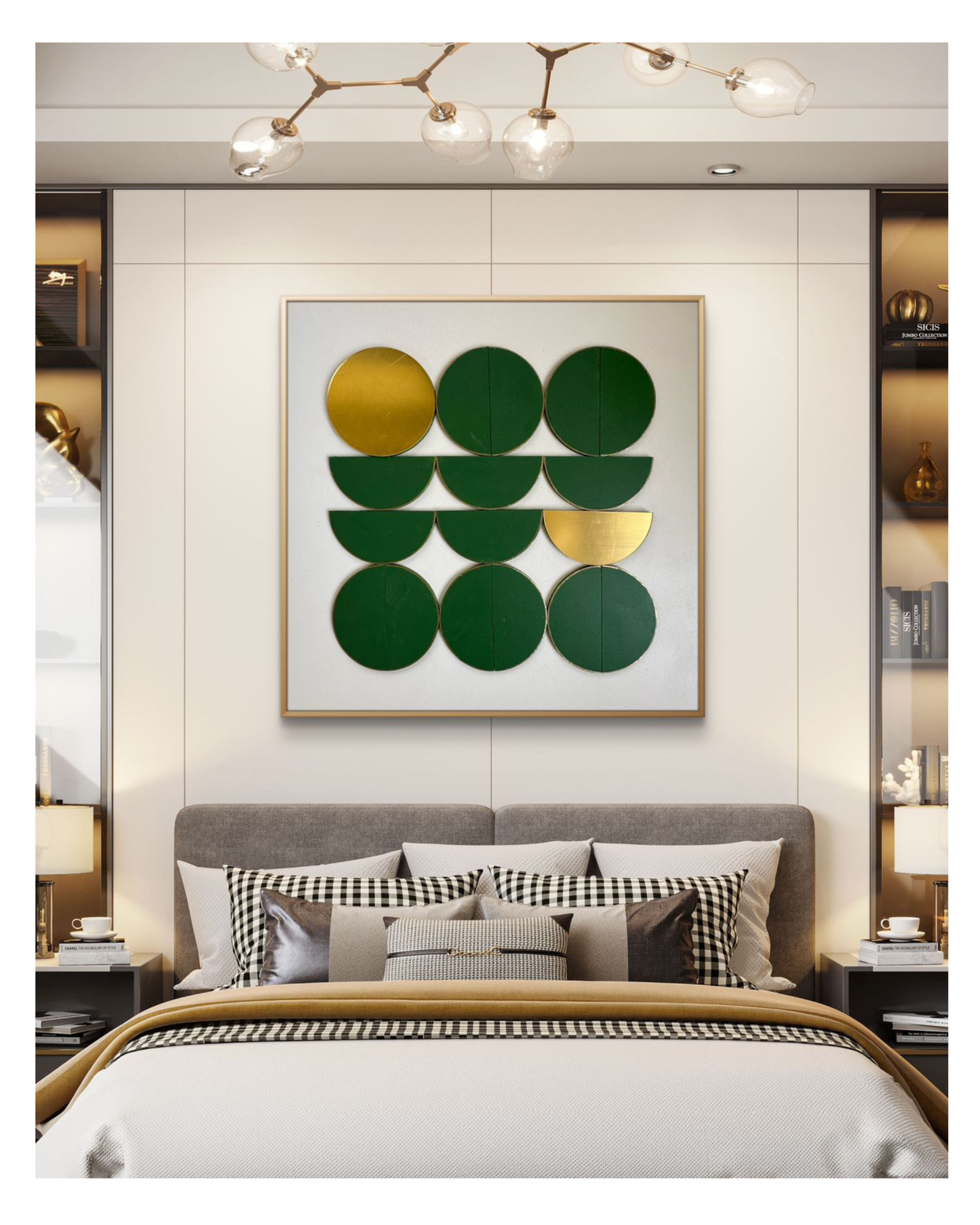 Minimal geometric wall art in emerald green and gold enhancing a curated residential interior