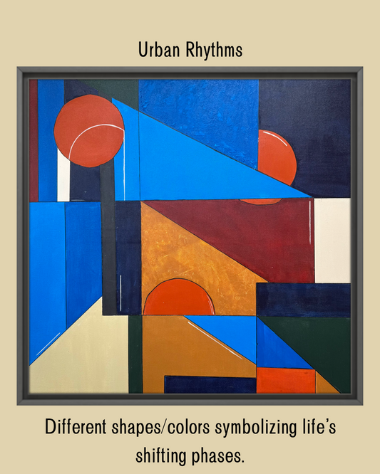 Modern abstract wall art with geometric shapes symbolising life’s shifting phases and balanced movement