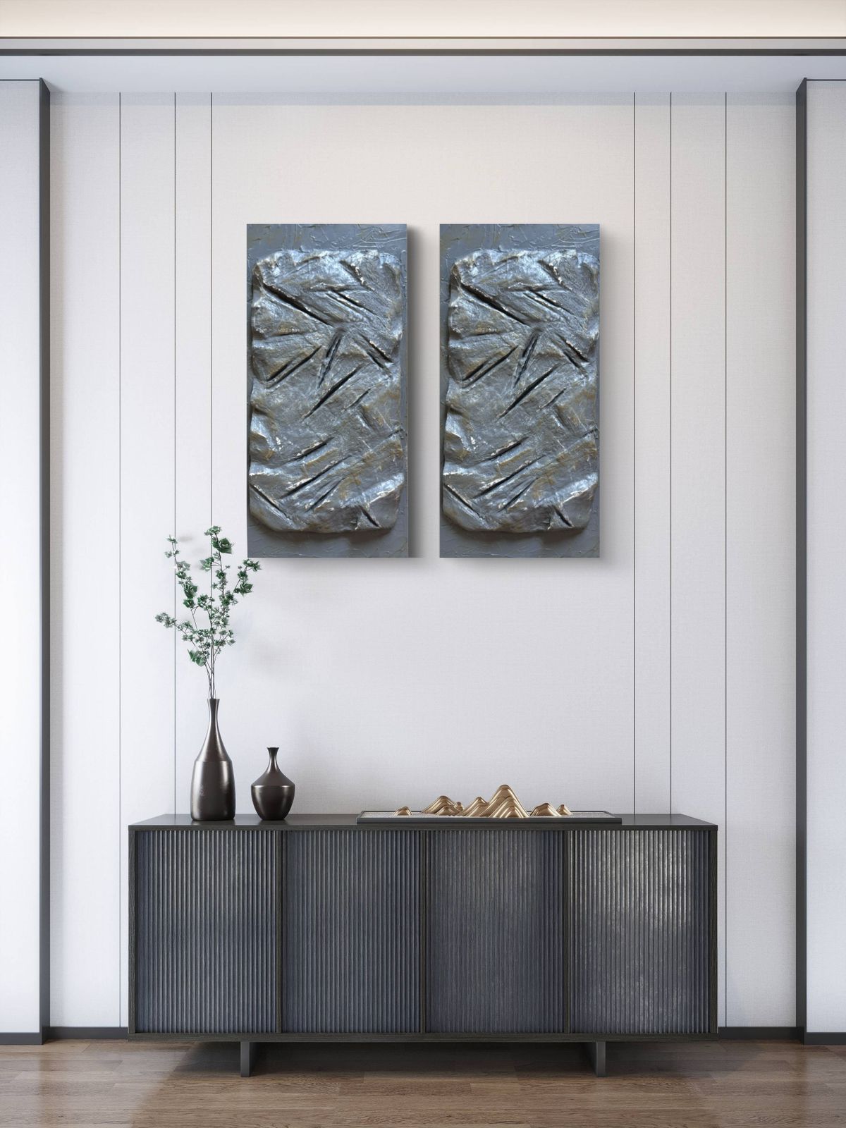 Modern sculptural textured artwork featuring a raw stone-inspired surface with carved linear details in earthy grey tones, designed as a bold contemporary statement piece for luxury interiors.