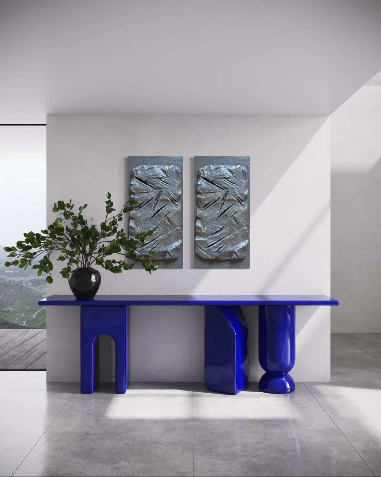 Modern sculptural textured artwork featuring a raw stone-inspired surface with carved linear details in earthy grey tones, designed as a bold contemporary statement piece for luxury interiors.