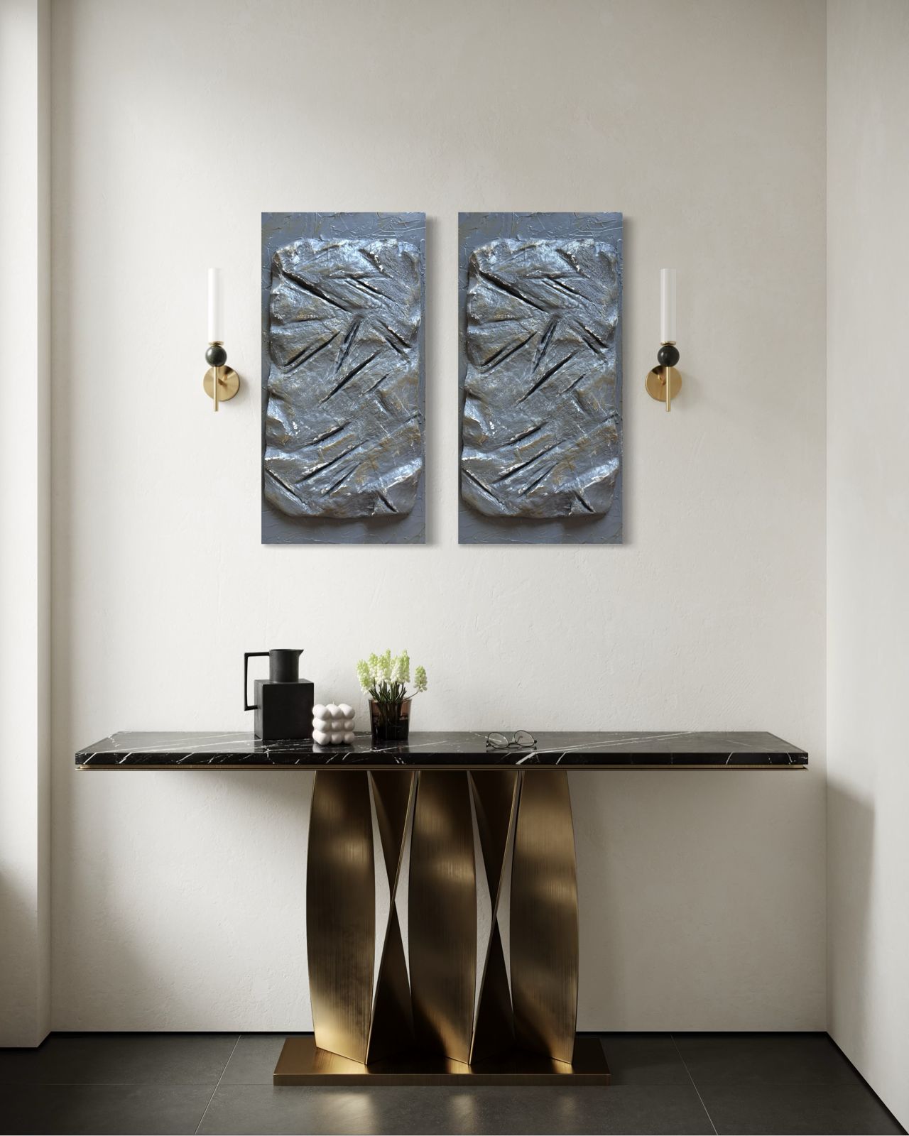 Modern interior with a console table and abstract wall art