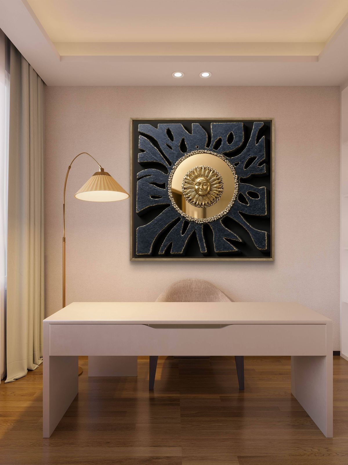 Contemporary textured wall artwork featuring a radiant gold acrylic mirror sun at the center, surrounded by sculptural black rays with gold accents. Symbolizing inner strength, clarity, and resilience, this handcrafted statement piece adds depth and elegance to modern living rooms, offices, and luxury interiors.