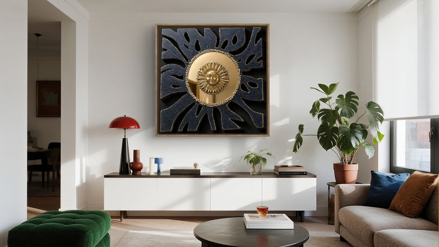 Contemporary textured wall artwork featuring a radiant gold acrylic mirror sun at the center, surrounded by sculptural black rays with gold accents. Symbolizing inner strength, clarity, and resilience, this handcrafted statement piece adds depth and elegance to modern living rooms, offices, and luxury interiors.