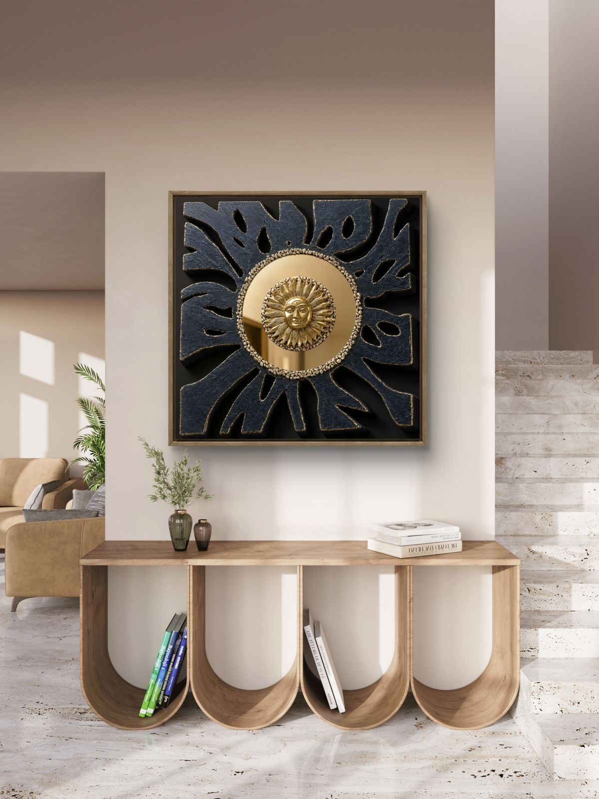 Contemporary textured wall artwork featuring a radiant gold acrylic mirror sun at the center, surrounded by sculptural black rays with gold accents. Symbolizing inner strength, clarity, and resilience, this handcrafted statement piece adds depth and elegance to modern living rooms, offices, and luxury interiors.