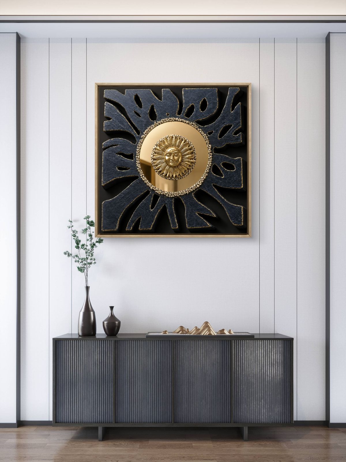 Contemporary textured wall artwork featuring a radiant gold acrylic mirror sun at the center, surrounded by sculptural black rays with gold accents. Symbolizing inner strength, clarity, and resilience, this handcrafted statement piece adds depth and elegance to modern living rooms, offices, and luxury interiors.