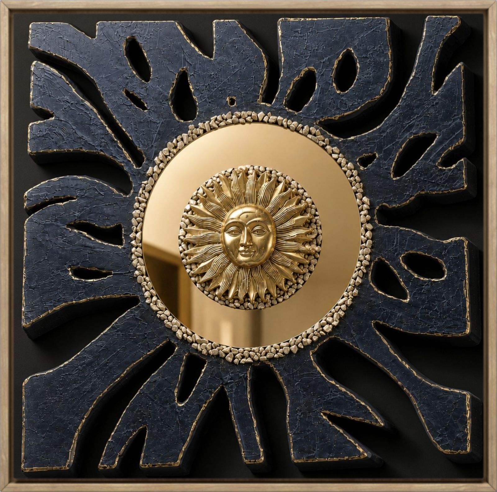 Contemporary textured wall artwork featuring a radiant gold acrylic mirror sun at the center, surrounded by sculptural black rays with gold accents. Symbolizing inner strength, clarity, and resilience, this handcrafted statement piece adds depth and elegance to modern living rooms, offices, and luxury interiors.