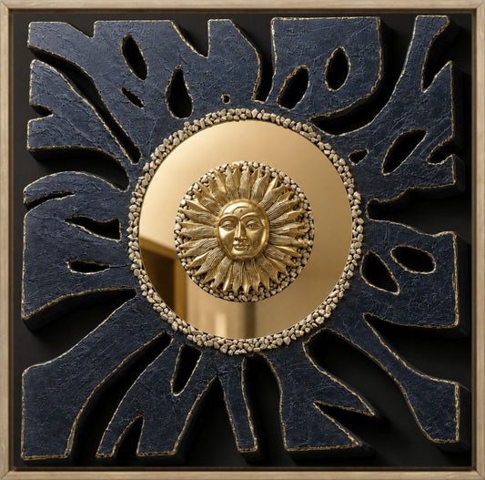 Contemporary textured wall artwork featuring a radiant gold acrylic mirror sun at the center, surrounded by sculptural black rays with gold accents. Symbolizing inner strength, clarity, and resilience, this handcrafted statement piece adds depth and elegance to modern living rooms, offices, and luxury interiors.