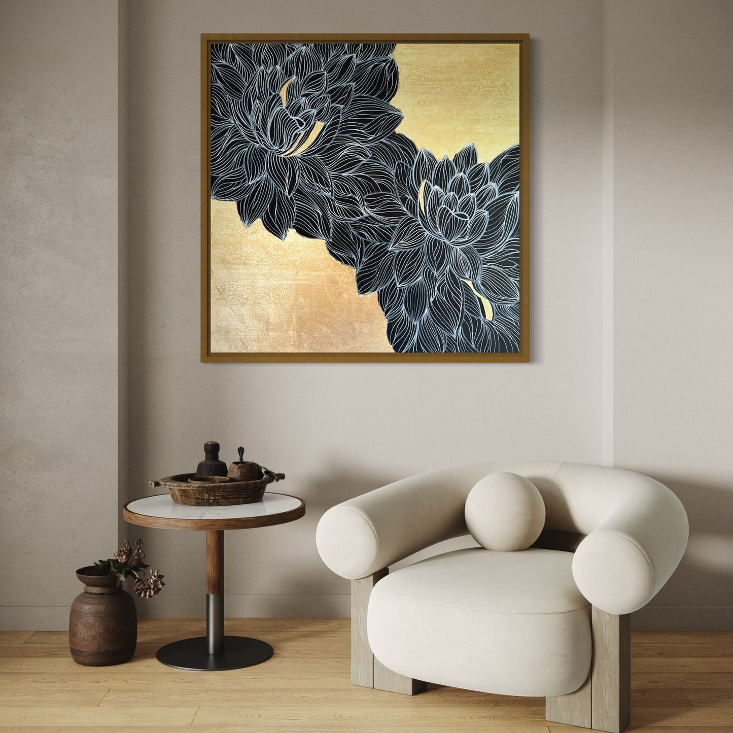 A sophisticated living room in gold and blue, showcasing a grand gold chandelier and exquisite lotus-inspired art piece.