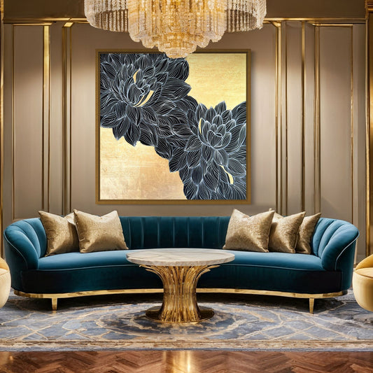 A luxurious gold and blue living room featuring a stunning gold chandelier and elegant lotus-inspired artwork.