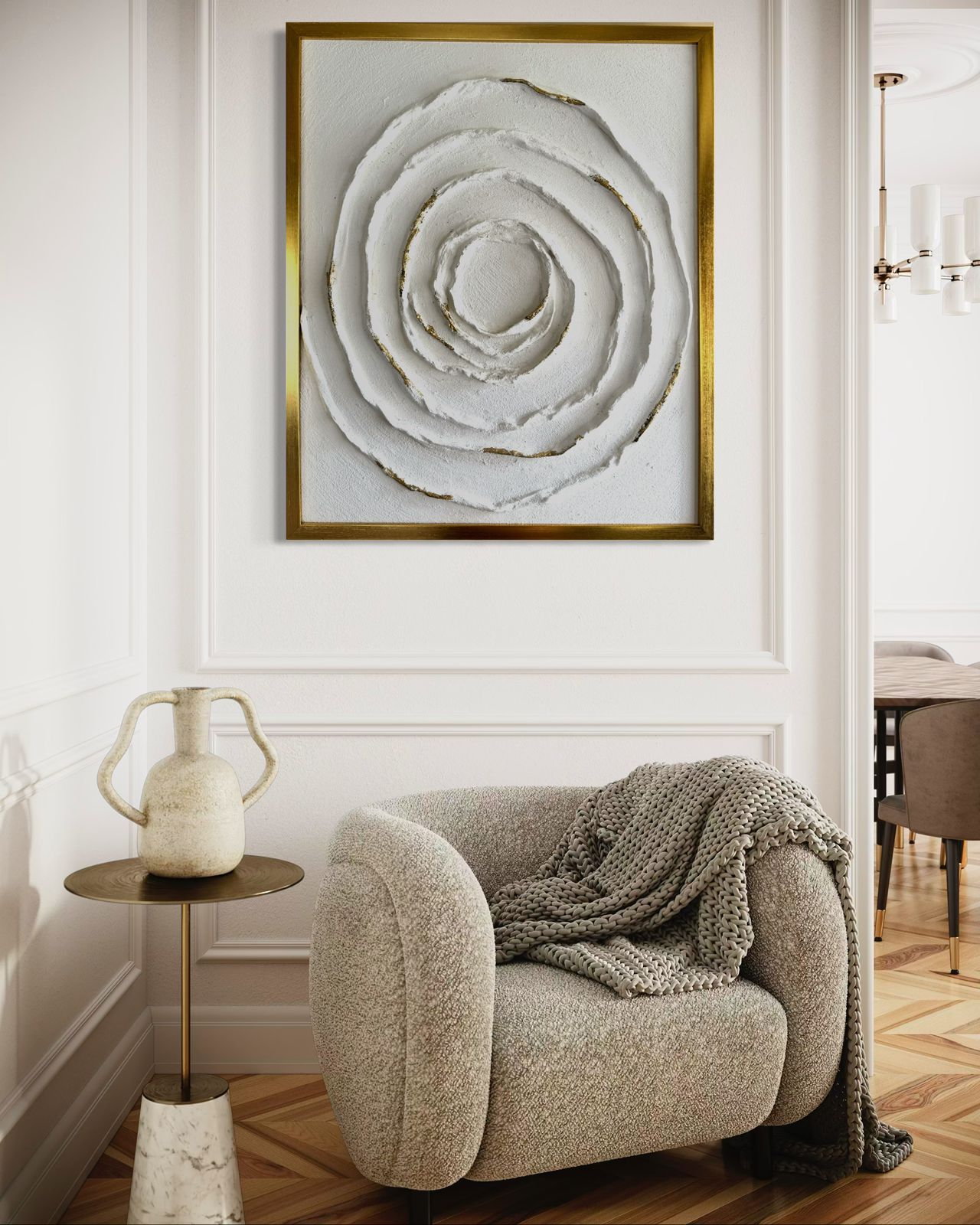 “Circle of Serenity – white textured concentric modern artwork with subtle gold highlights, by Artscape by Riddhi Mehta.”