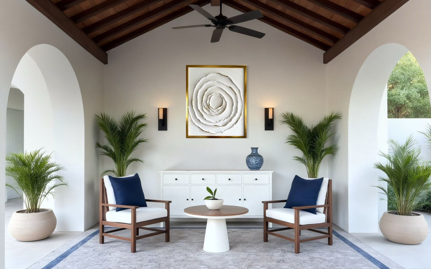 “Circle of Serenity – white textured concentric modern artwork with subtle gold highlights, by Artscape by Riddhi Mehta.”