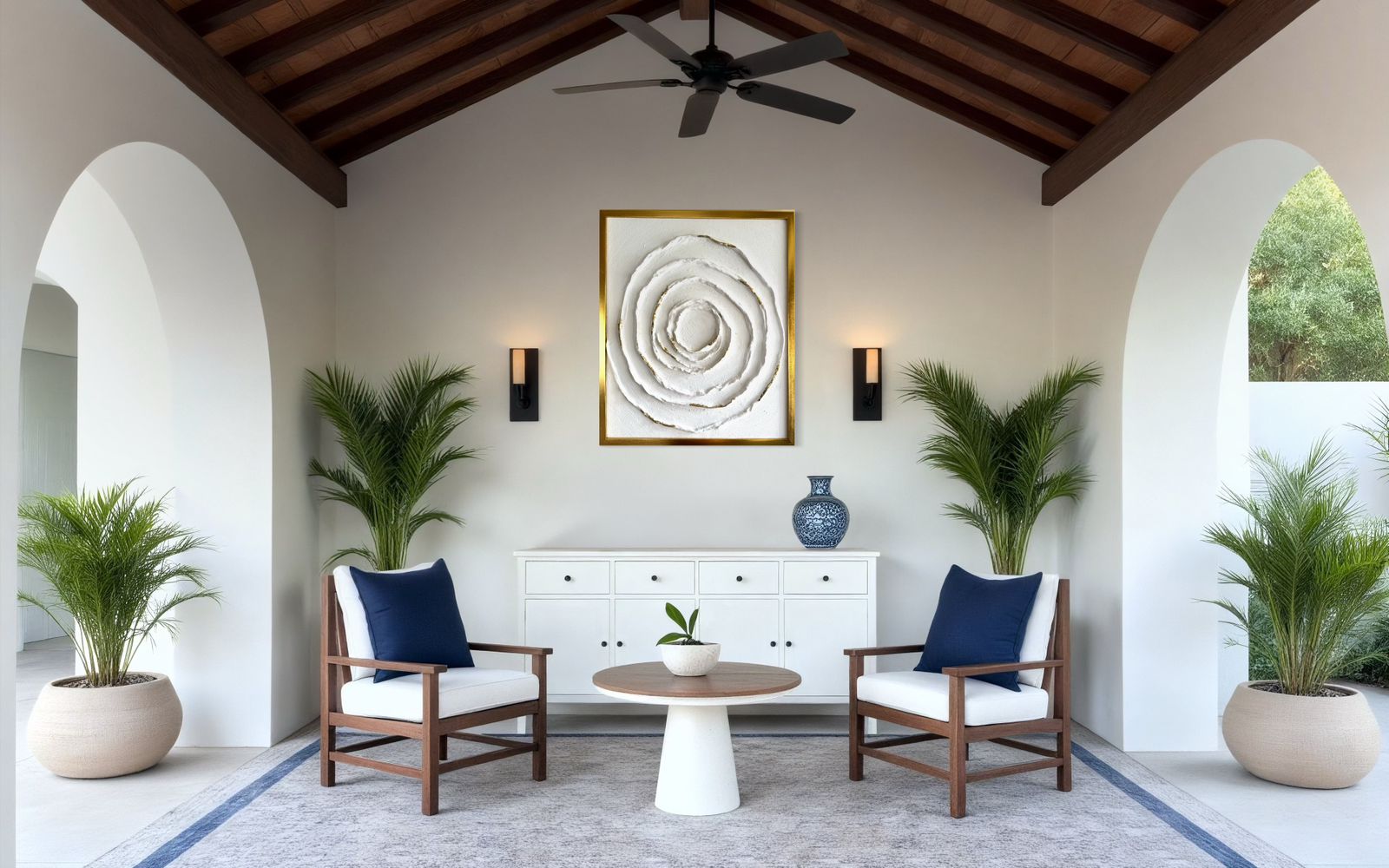 “Circle of Serenity – white textured concentric modern artwork with subtle gold highlights, by Artscape by Riddhi Mehta.”