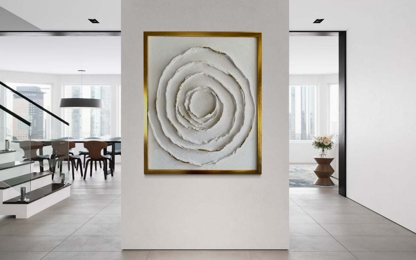 “Circle of Serenity – white textured concentric modern artwork with subtle gold highlights, by Artscape by Riddhi Mehta.”