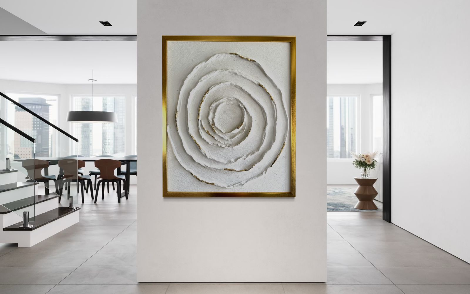 “Circle of Serenity – white textured concentric modern artwork with subtle gold highlights, by Artscape by Riddhi Mehta.”