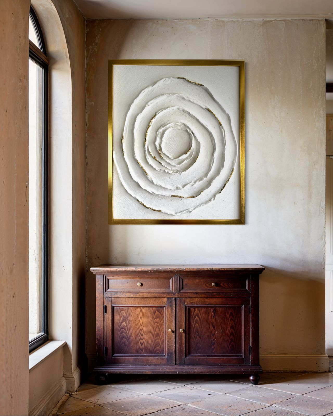 “Circle of Serenity – white textured concentric modern artwork with subtle gold highlights, by Artscape by Riddhi Mehta.”