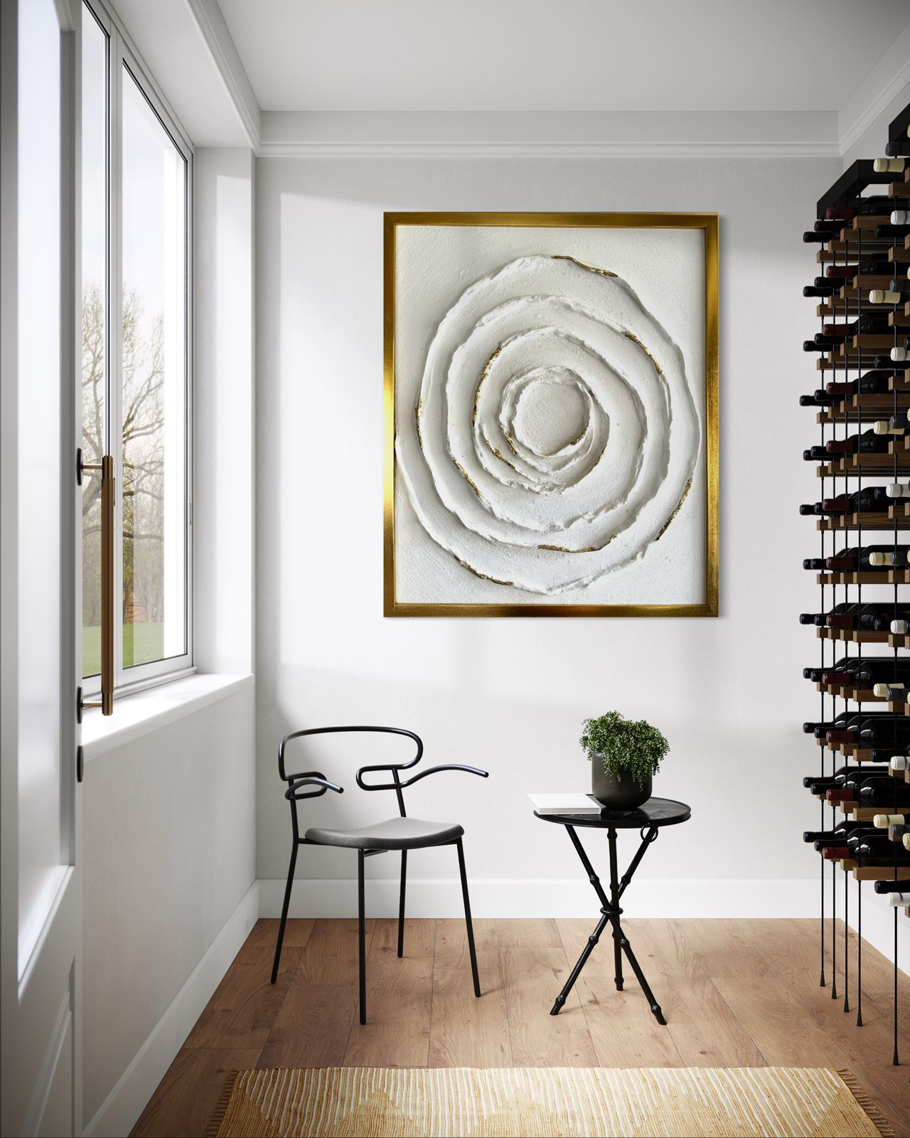 “Circle of Serenity – white textured concentric modern artwork with subtle gold highlights, by Artscape by Riddhi Mehta.”