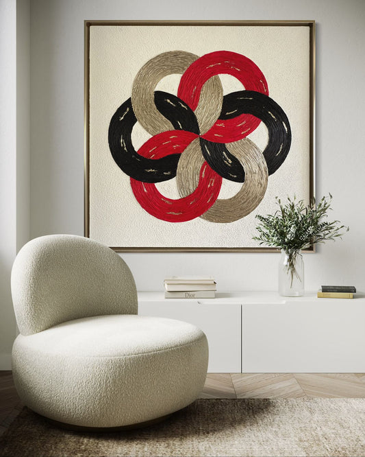 Infinite Bloom – modern textured artwork symbolizing growth and abundance with layered circular patterns in red, black, white, and champagne gold.