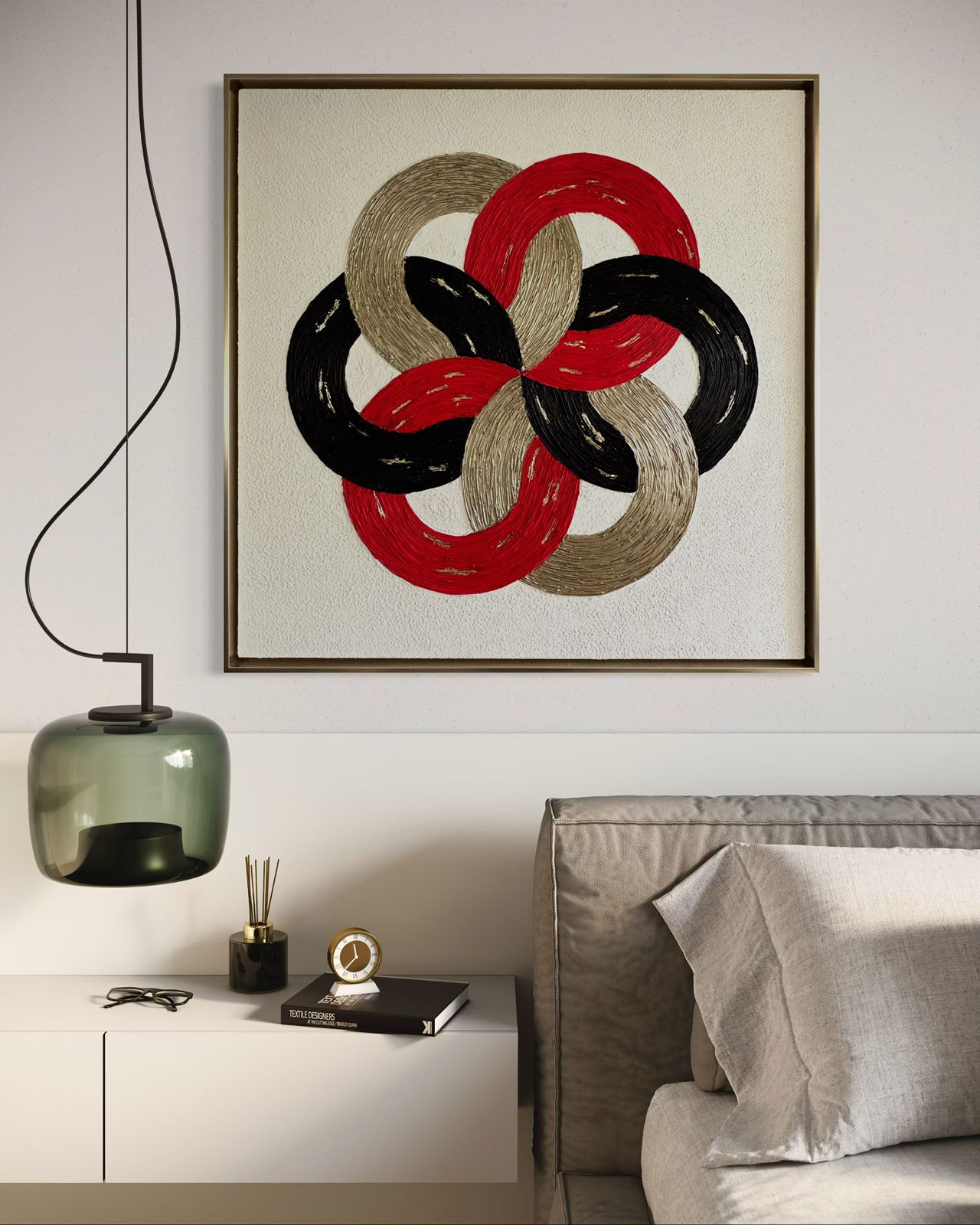 Infinite Bloom – modern textured artwork symbolizing growth and abundance with layered circular patterns in red, black, white, and champagne gold.