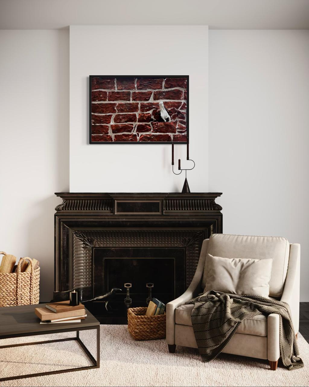 Sculptural wall art of a horse breaking through stagnant blocks, representing growth and success.