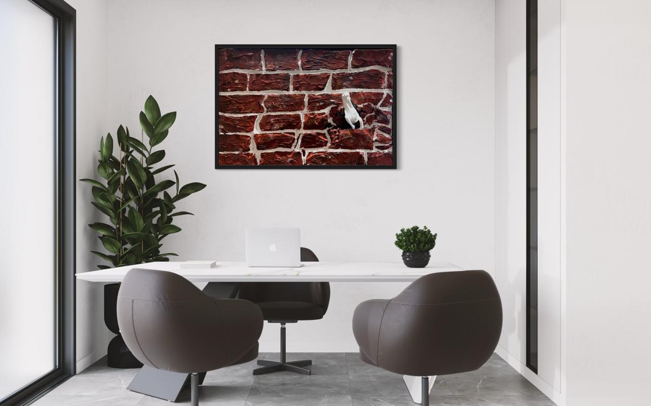 Statement wall art of a horse emerging through a brick texture, expressing momentum and new beginnings.