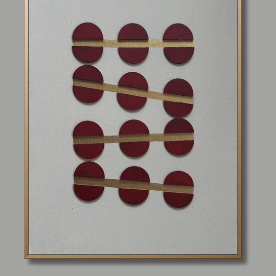 Minimal abstract artwork featuring bold crimson oval shapes bound by thin golden lines on a soft white textured background, symbolizing resilience and emotional balance.