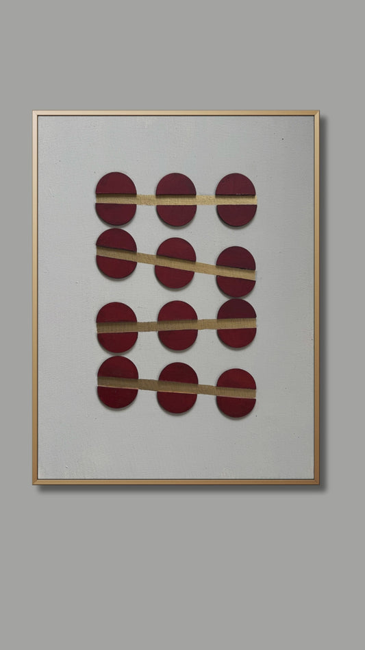 Minimal abstract artwork featuring bold crimson oval shapes bound by thin golden lines on a soft white textured background, symbolizing resilience and emotional balance.