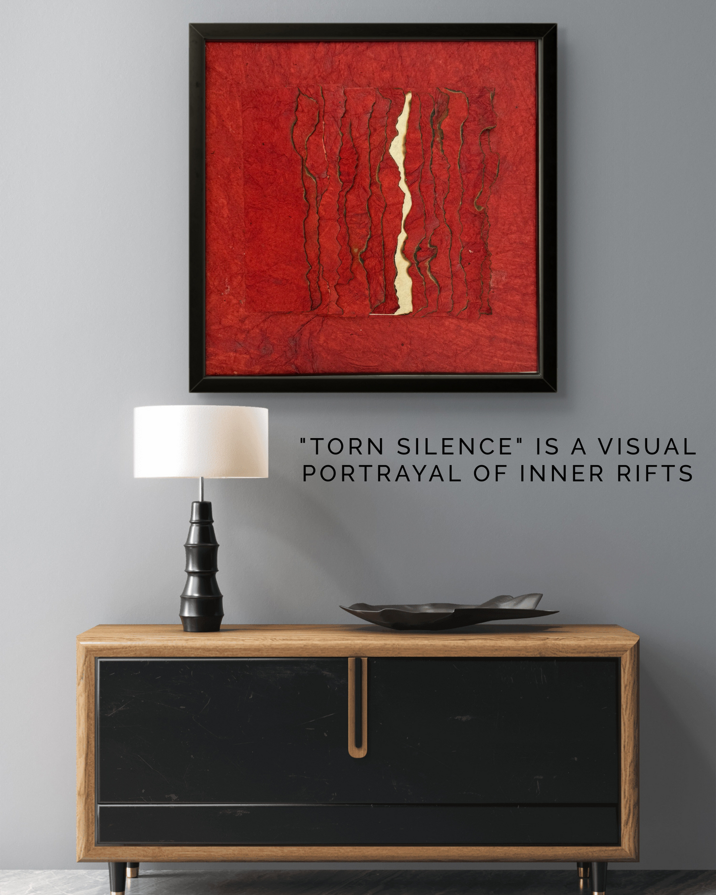 Abstract wall art featuring torn red and white textured paper on a deep black background.
