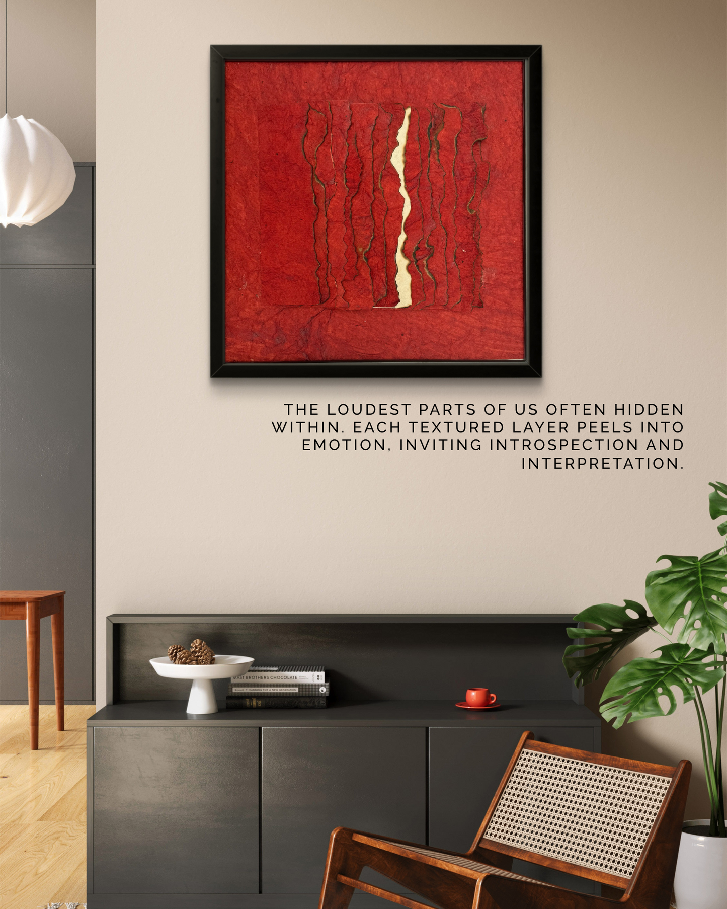 Bold mixed media artwork with jagged red and white layers symbolizing emotional contrast.