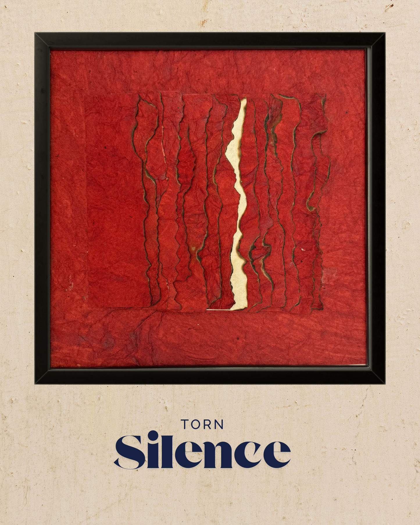 Minimal yet intense wall art using rough-edged textures to convey quiet tension and inner conflict.